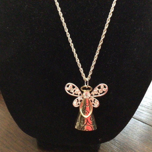 Long Silvertone necklace with angel pendant. Wings are clear rhinestones. - Picture 1 of 5